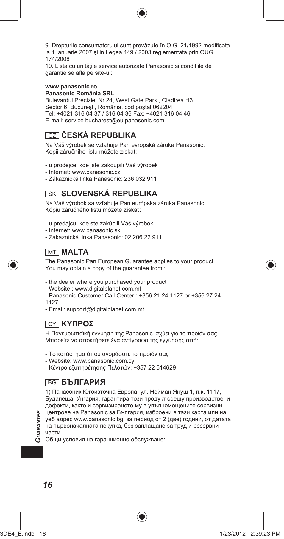 Česká republika, Slovenská republika, Malta | Κυπροσ, България | Panasonic TYER3D4SE User Manual | Page 224 / 248