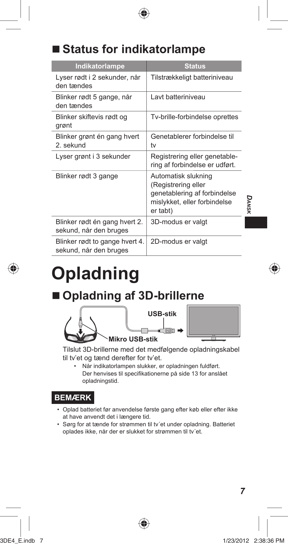 Opladning, Status for indikatorlampe, Opladning af 3d-brillerne | Panasonic TYER3D4SE User Manual | Page 23 / 248