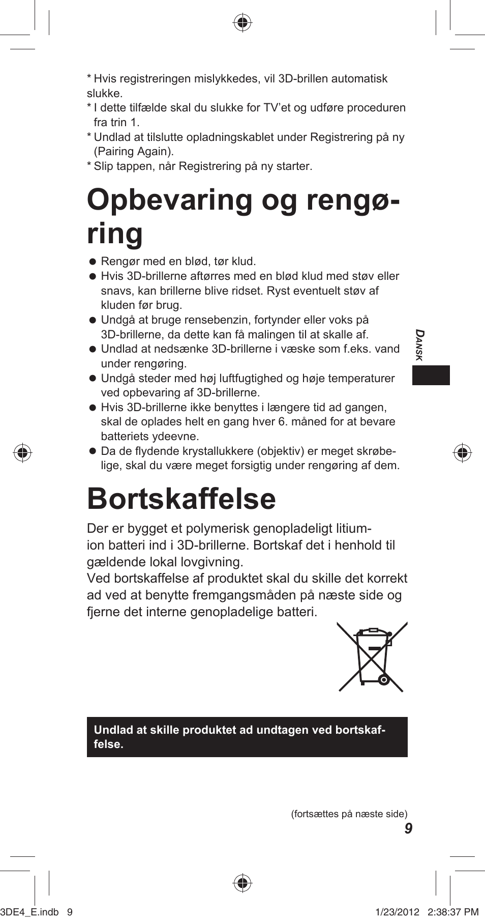 Opbevaring og rengø- ring, Bortskaffelse | Panasonic TYER3D4SE User Manual | Page 25 / 248