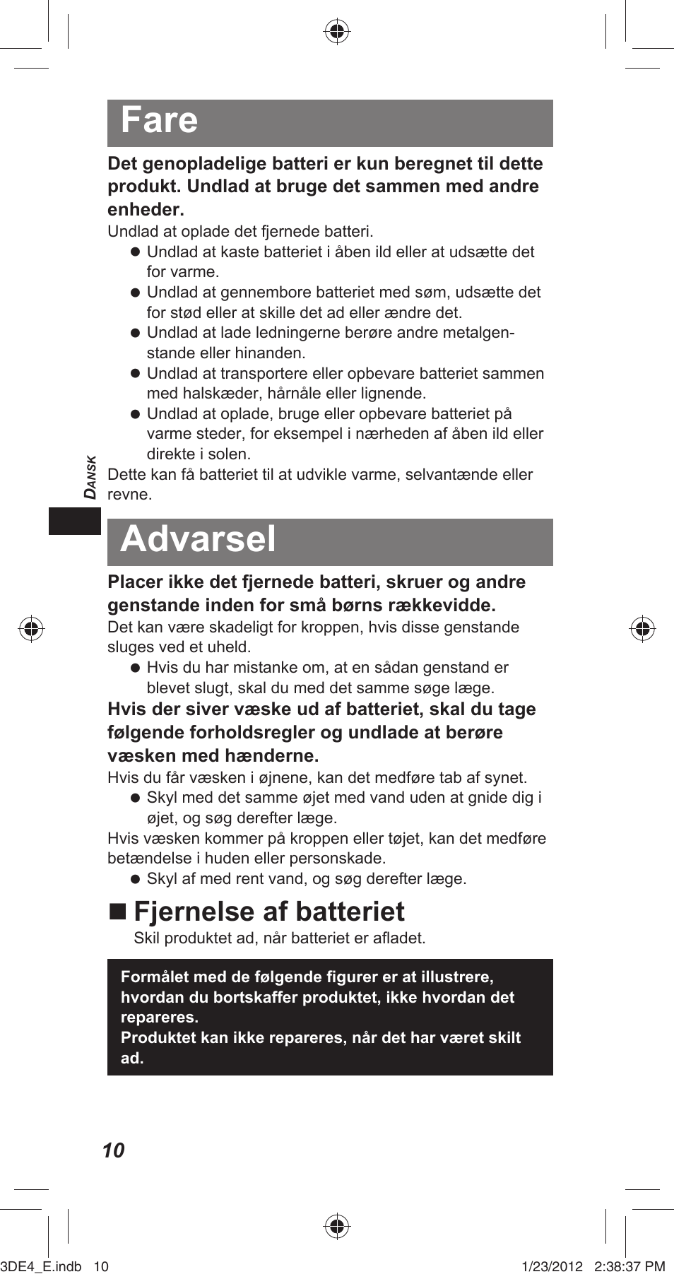 Fare, Advarsel, Fjernelse af batteriet | Panasonic TYER3D4SE User Manual | Page 26 / 248