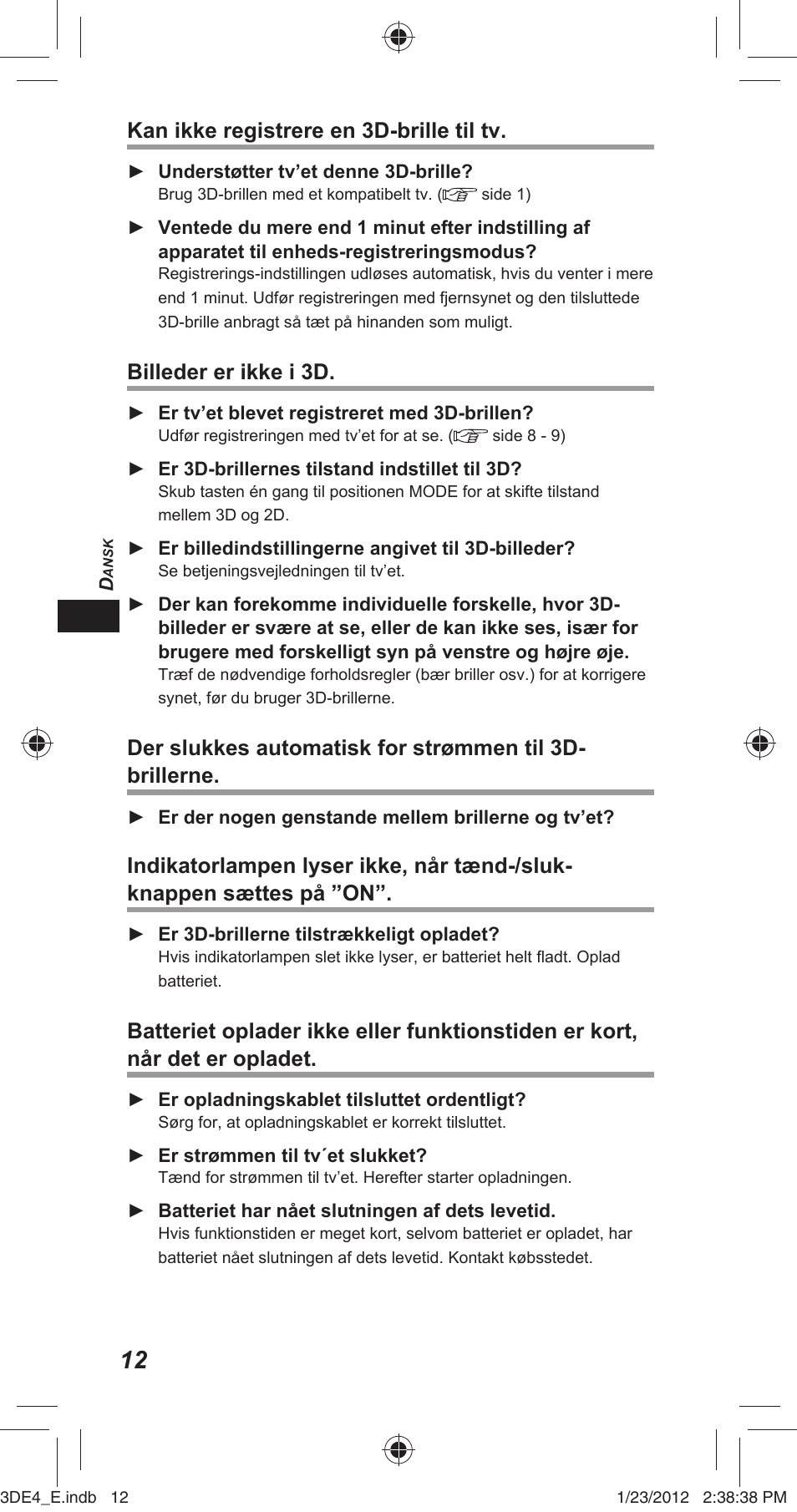 Kan ikke registrere en 3d-brille til tv, Billeder er ikke i 3d | Panasonic TYER3D4SE User Manual | Page 28 / 248