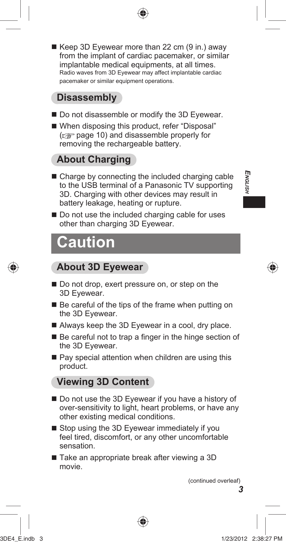 Caution, Disassembly, About charging | About 3d eyewear, Viewing 3d content | Panasonic TYER3D4SE User Manual | Page 3 / 248