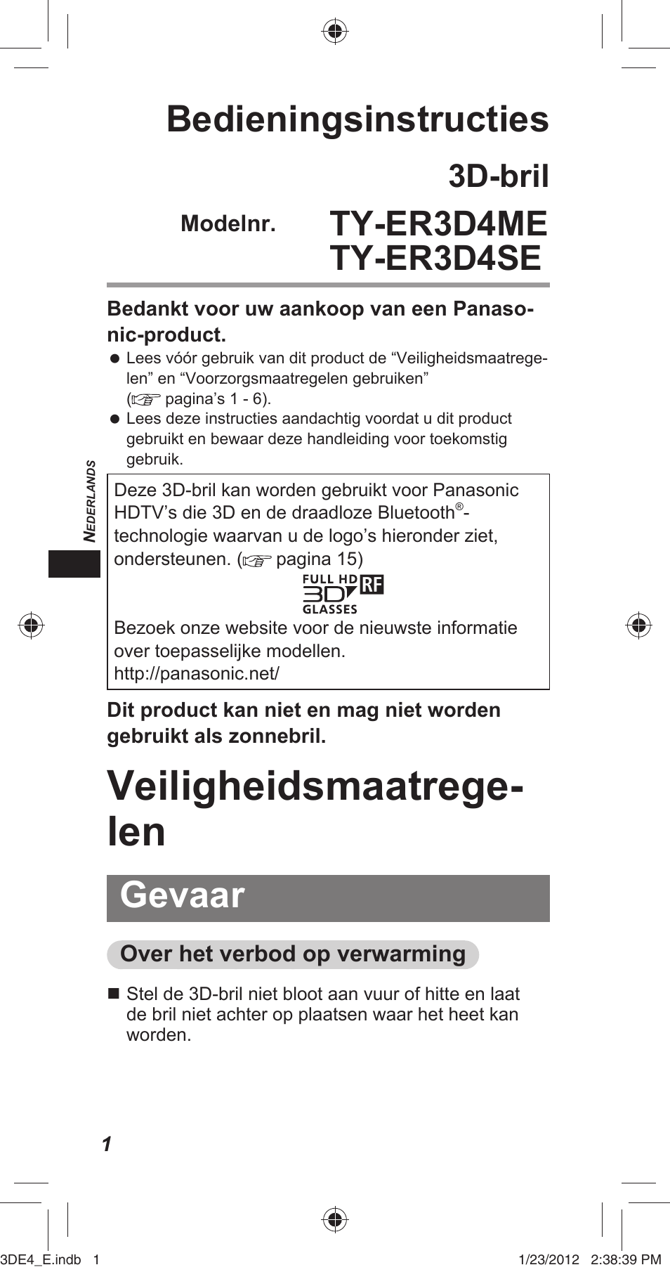 Veiligheidsmaatrege- len, Bedieningsinstructies, Gevaar | Ty-er3d4me ty-er3d4se, 3d-bril | Panasonic TYER3D4SE User Manual | Page 32 / 248