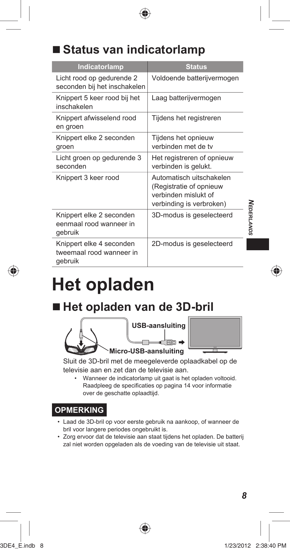 Het opladen, Status van indicatorlamp, Het opladen van de 3d-bril | Panasonic TYER3D4SE User Manual | Page 39 / 248