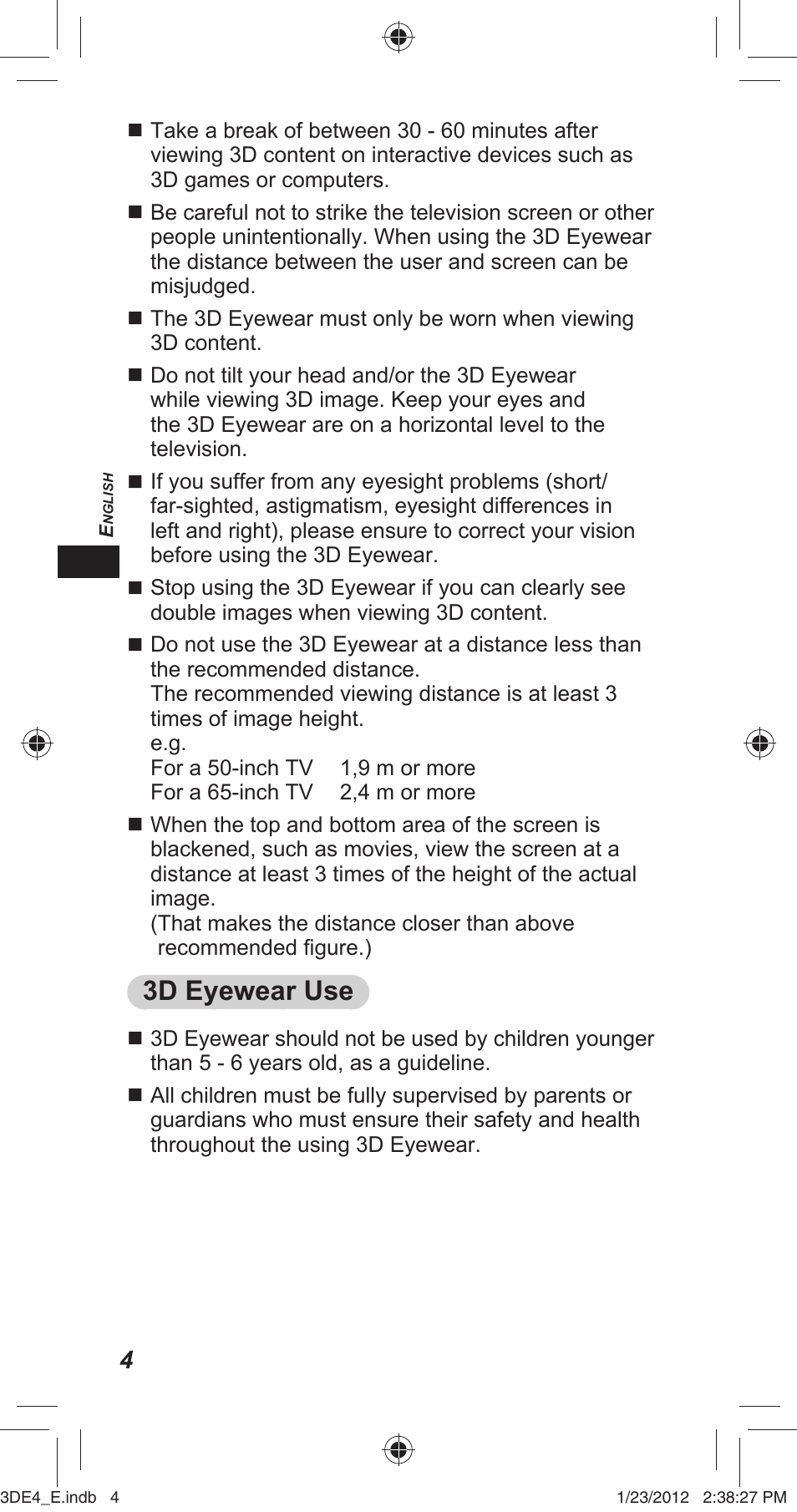 3d eyewear use | Panasonic TYER3D4SE User Manual | Page 4 / 248