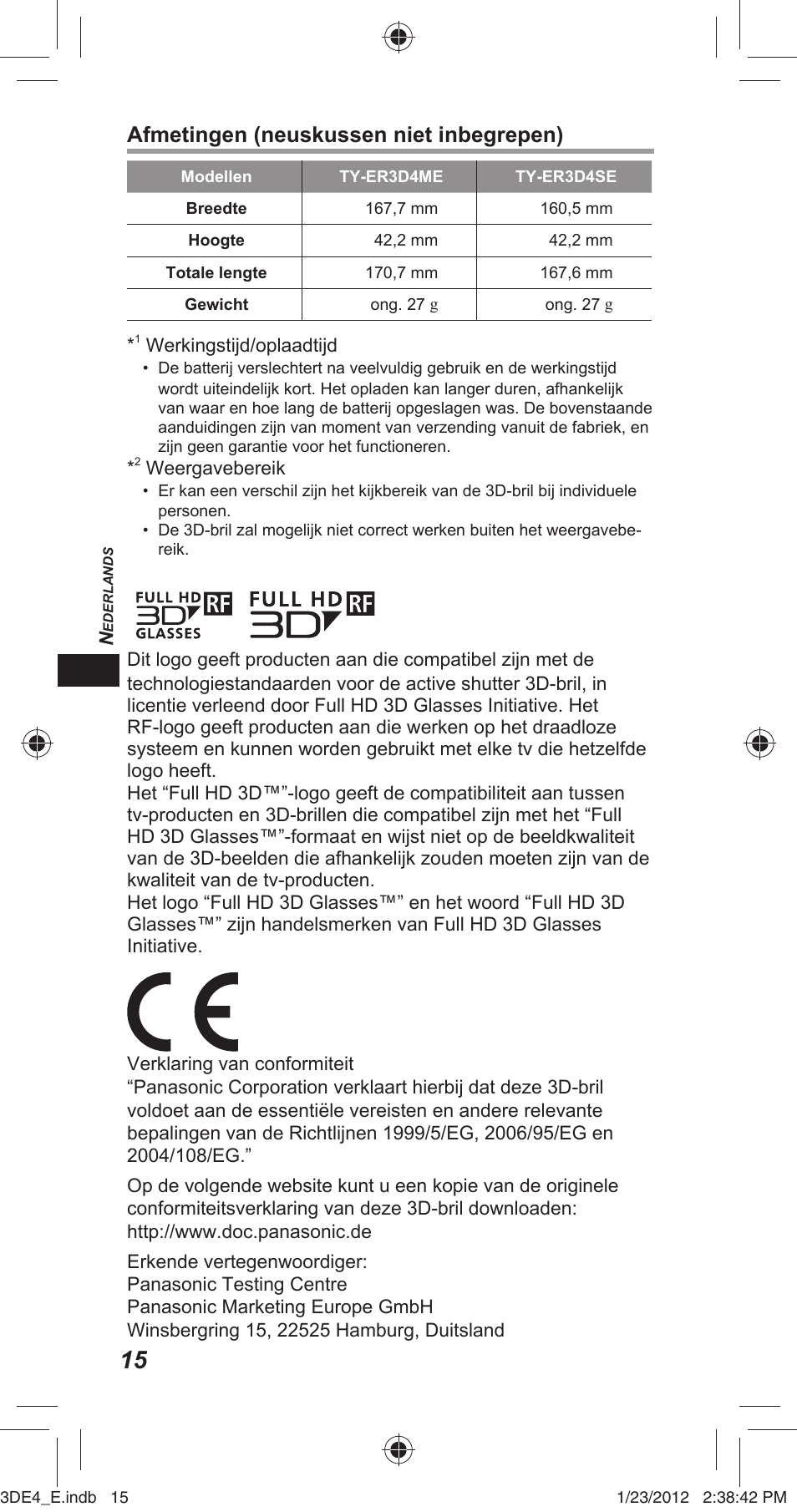 Afmetingen (neuskussen niet inbegrepen) | Panasonic TYER3D4SE User Manual | Page 46 / 248