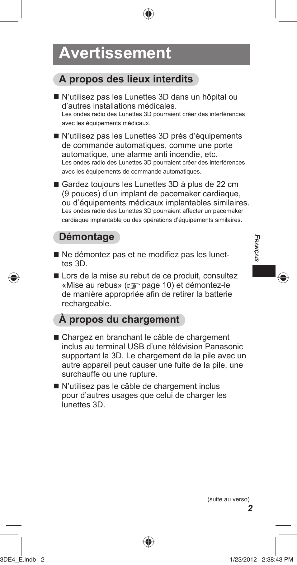 Avertissement, A propos des lieux interdits, Démontage | À propos du chargement | Panasonic TYER3D4SE User Manual | Page 49 / 248