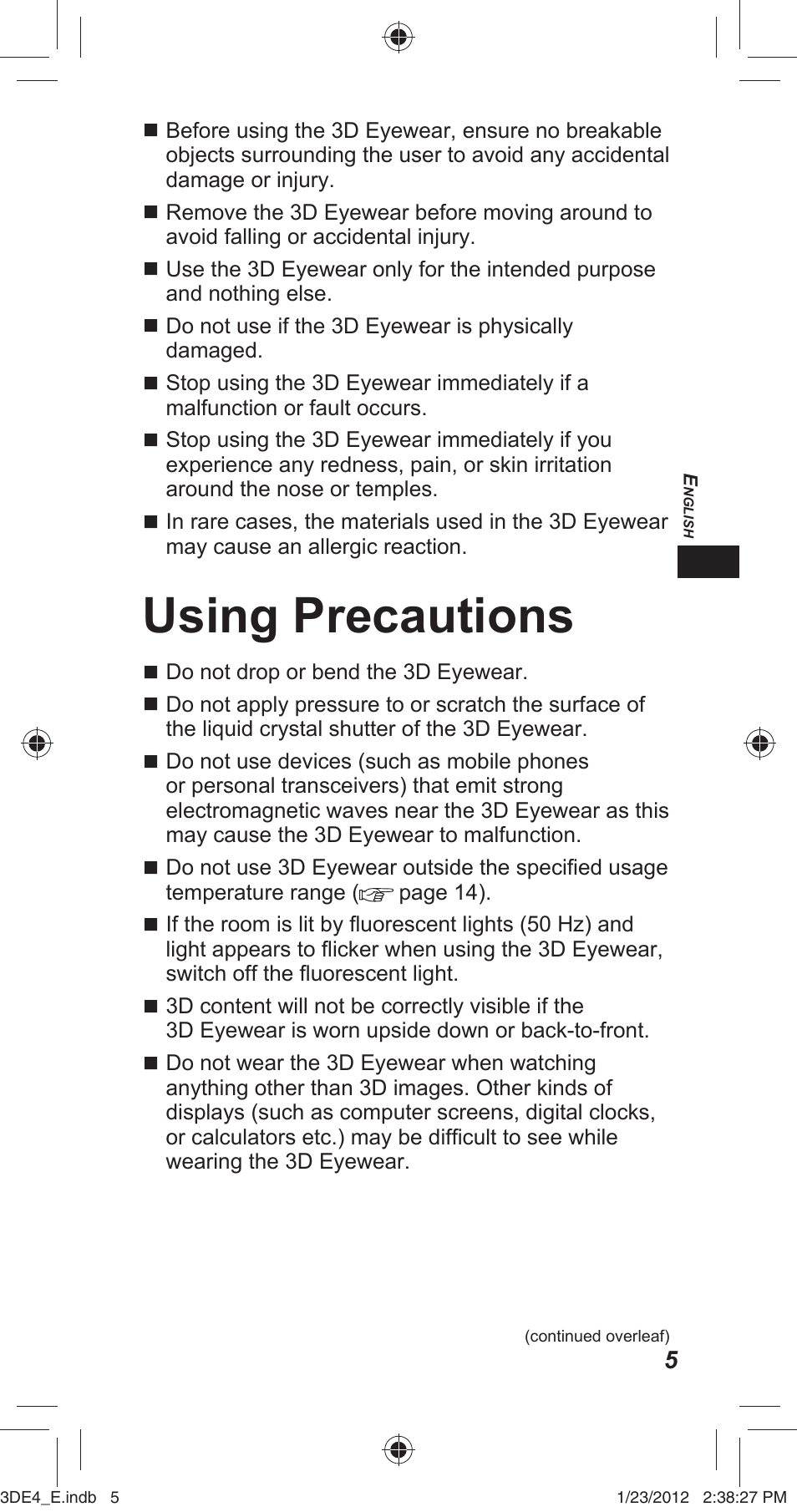 Using precautions | Panasonic TYER3D4SE User Manual | Page 5 / 248