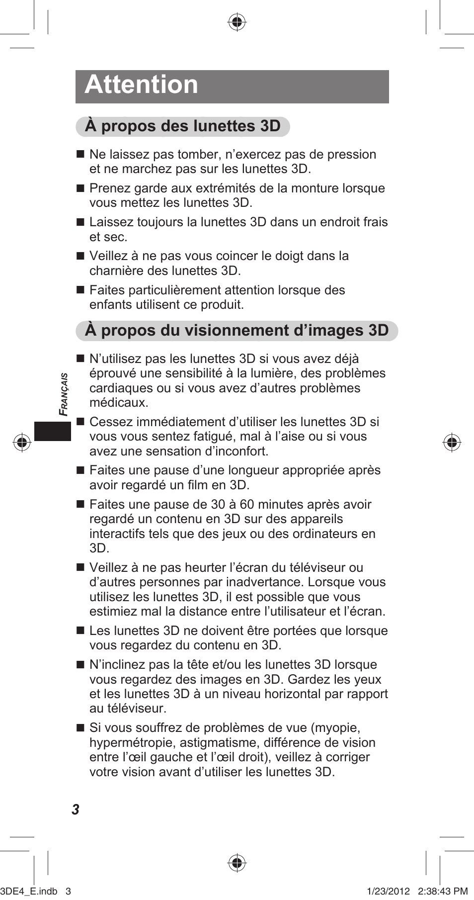 Attention, À propos des lunettes 3d, À propos du visionnement d’images 3d | Panasonic TYER3D4SE User Manual | Page 50 / 248