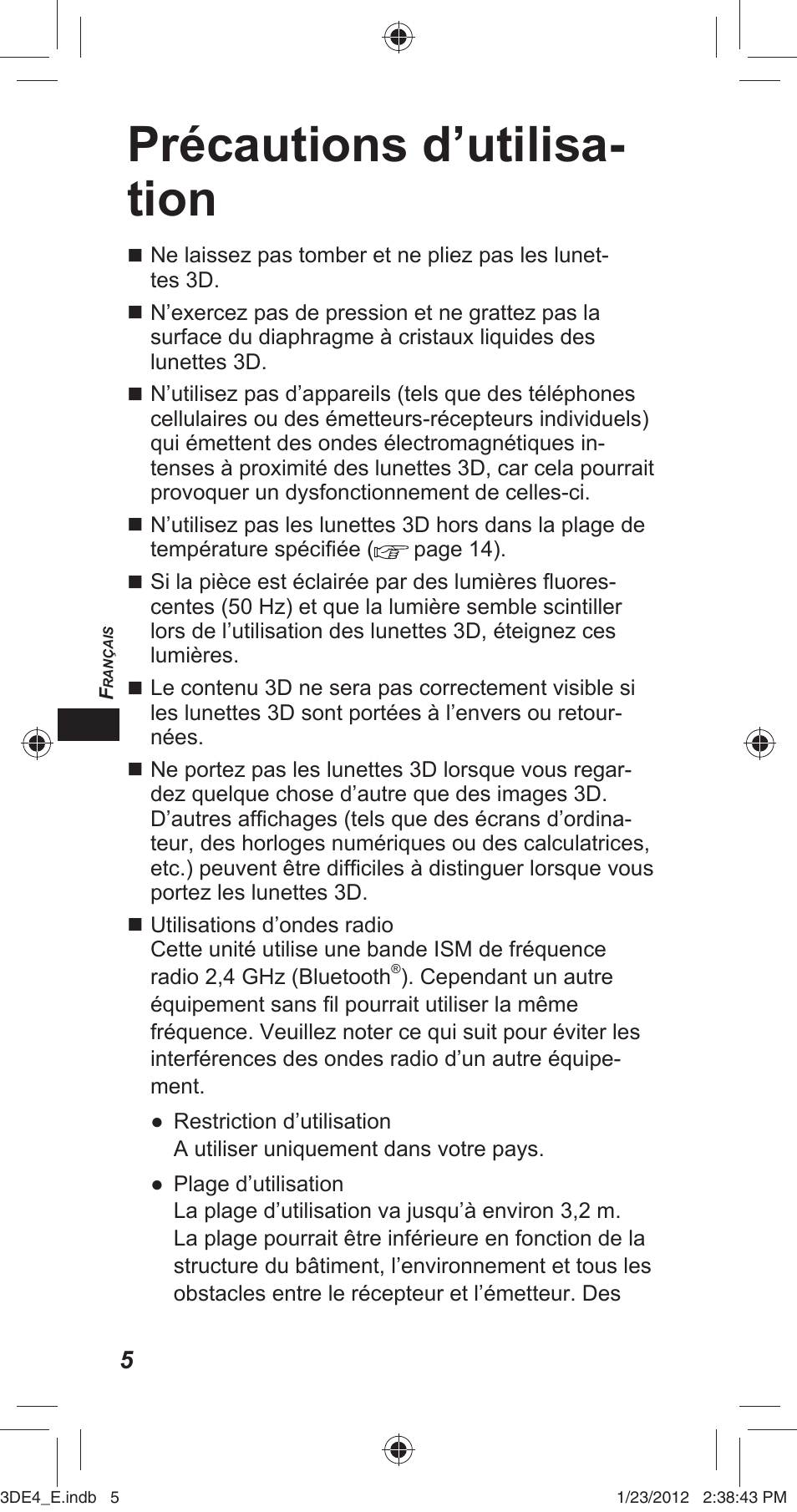 Précautions d’utilisa- tion | Panasonic TYER3D4SE User Manual | Page 52 / 248