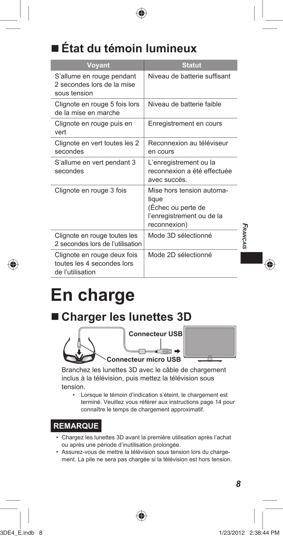 En charge, État du témoin lumineux, Charger les lunettes 3d | Panasonic TYER3D4SE User Manual | Page 55 / 248