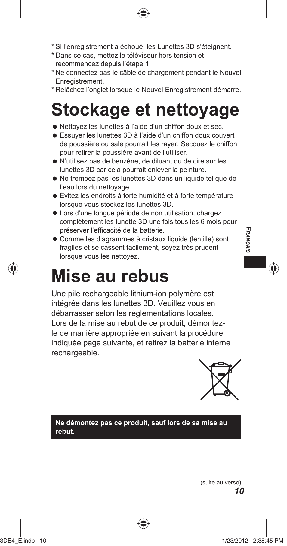 Stockage et nettoyage, Mise au rebus | Panasonic TYER3D4SE User Manual | Page 57 / 248