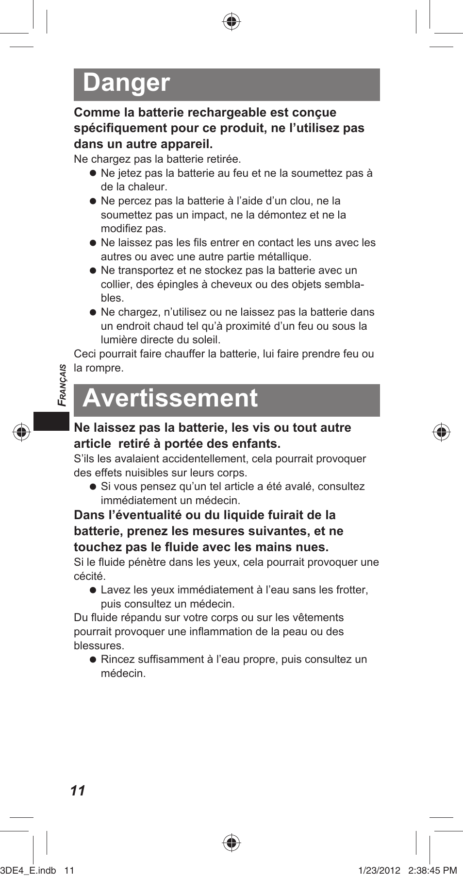 Danger, Avertissement | Panasonic TYER3D4SE User Manual | Page 58 / 248