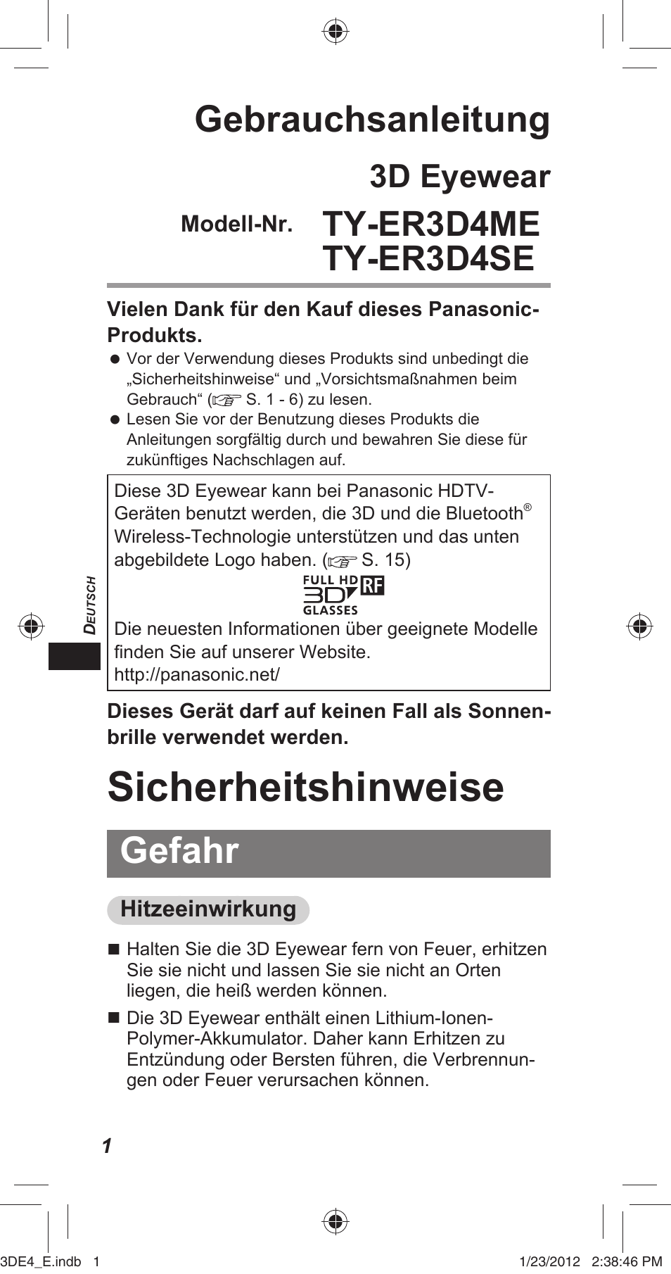 Sicherheitshinweise, Gebrauchsanleitung, Gefahr | Ty-er3d4me ty-er3d4se, 3d eyewear | Panasonic TYER3D4SE User Manual | Page 64 / 248