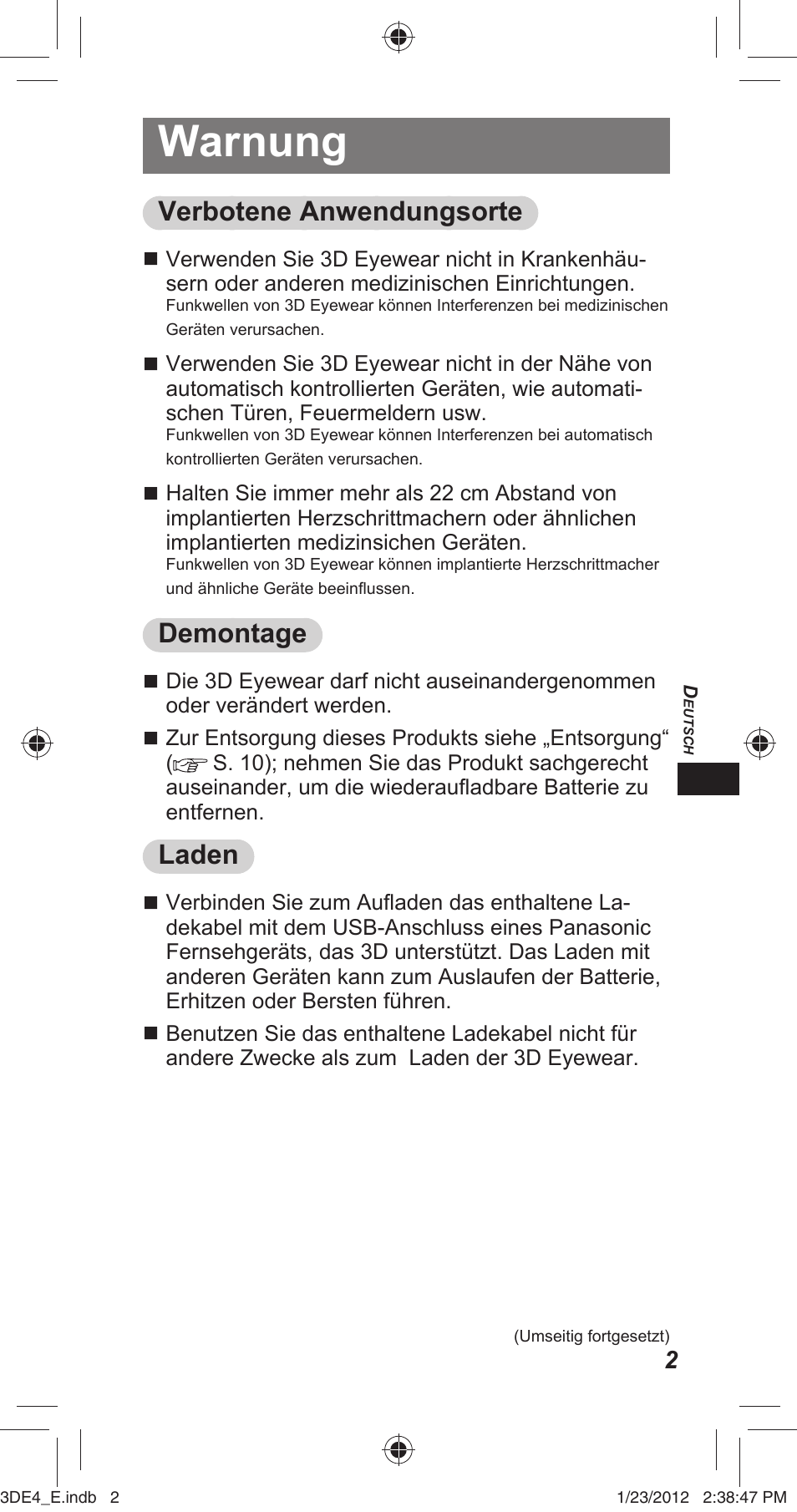 Warnung, Verbotene anwendungsorte, Demontage | Laden | Panasonic TYER3D4SE User Manual | Page 65 / 248