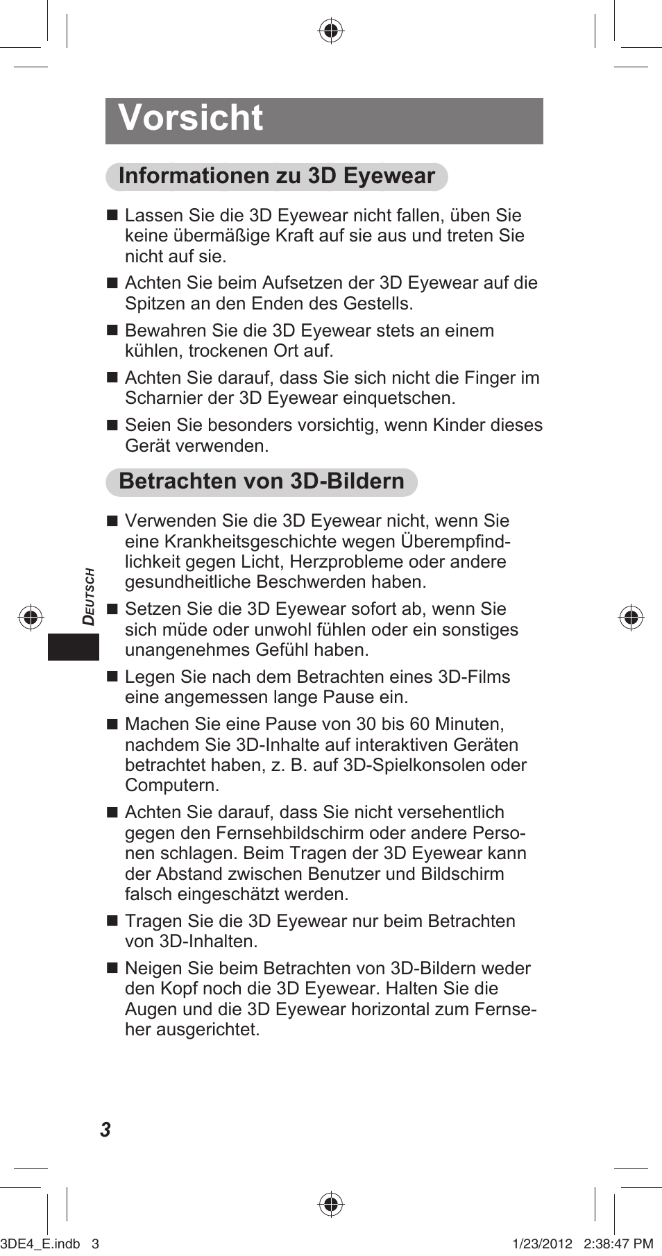 Vorsicht, Informationen zu 3d eyewear, Betrachten von 3d-bildern | Panasonic TYER3D4SE User Manual | Page 66 / 248