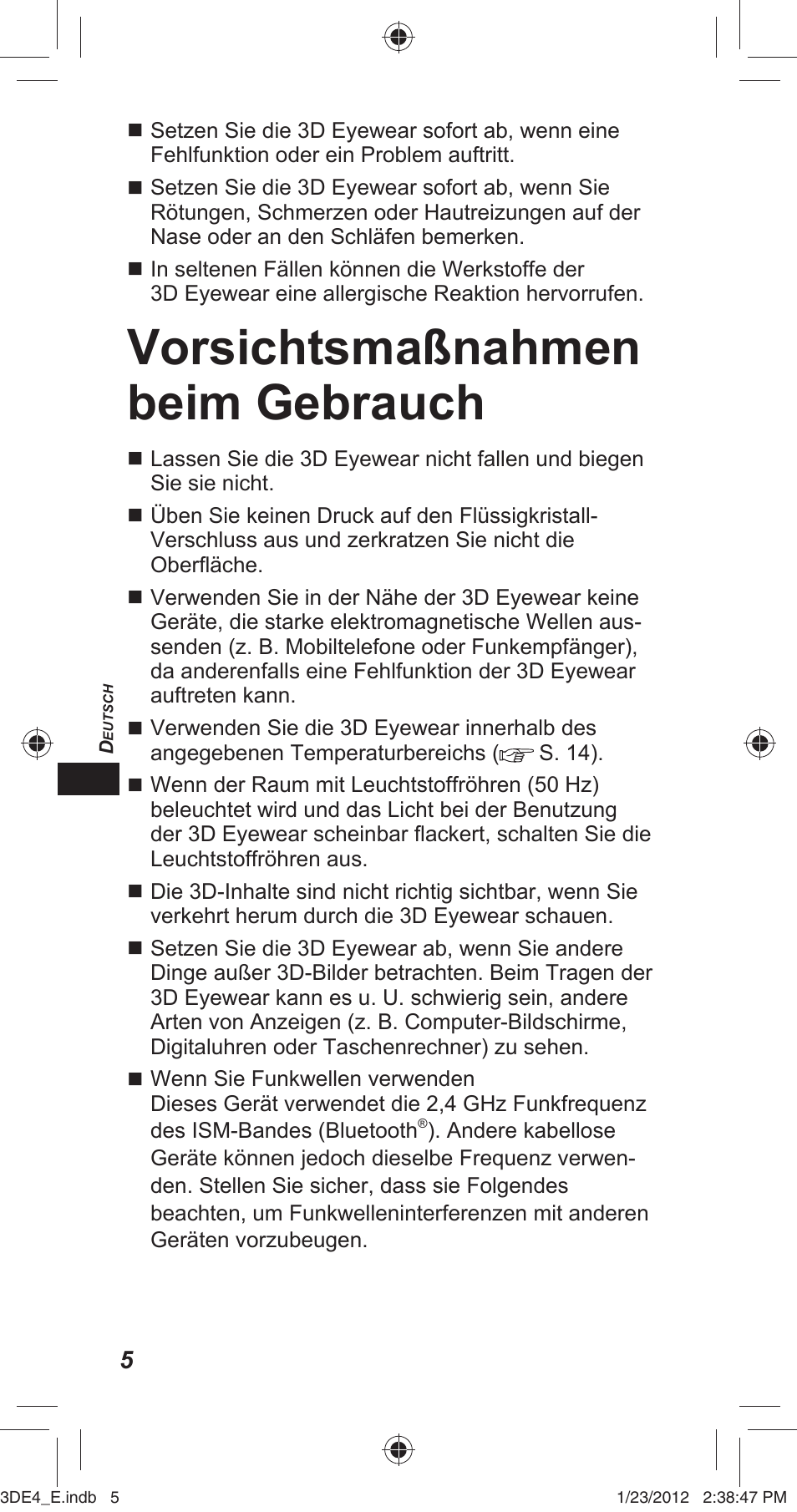 Vorsichtsmaßnahmen beim gebrauch | Panasonic TYER3D4SE User Manual | Page 68 / 248