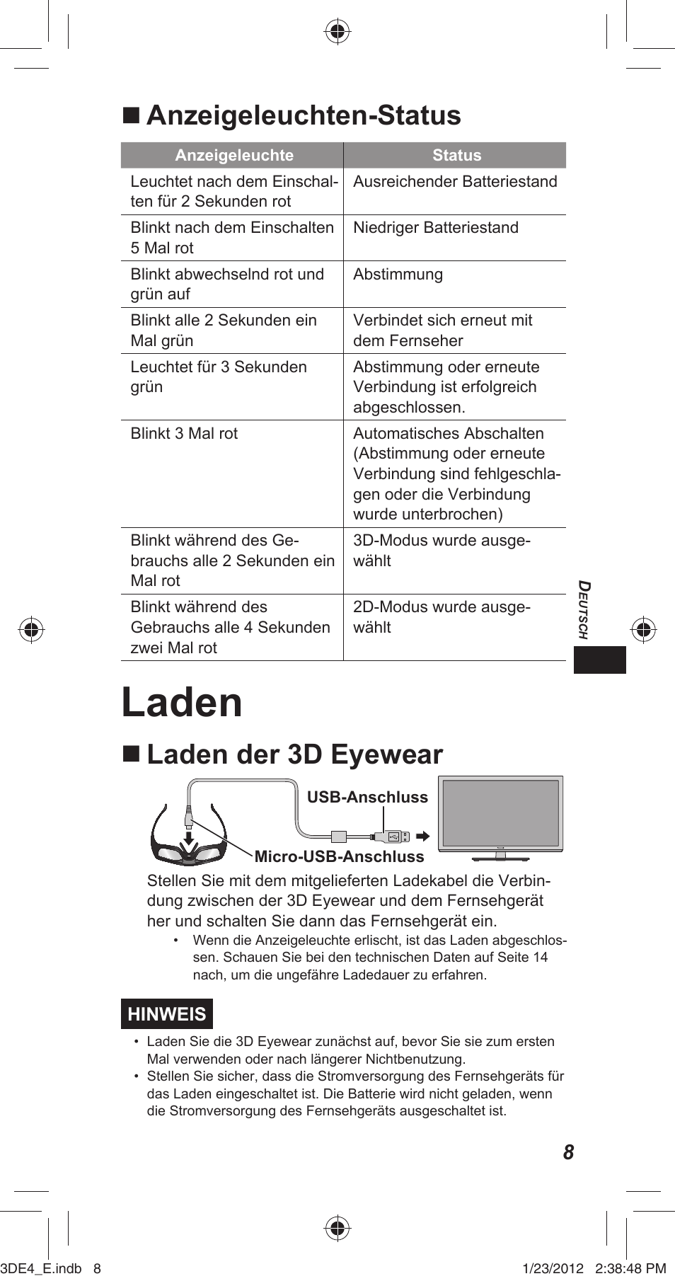 Laden, Anzeigeleuchten-status, Laden der 3d eyewear | Panasonic TYER3D4SE User Manual | Page 71 / 248