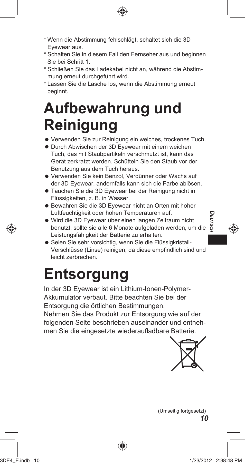 Aufbewahrung und reinigung, Entsorgung | Panasonic TYER3D4SE User Manual | Page 73 / 248