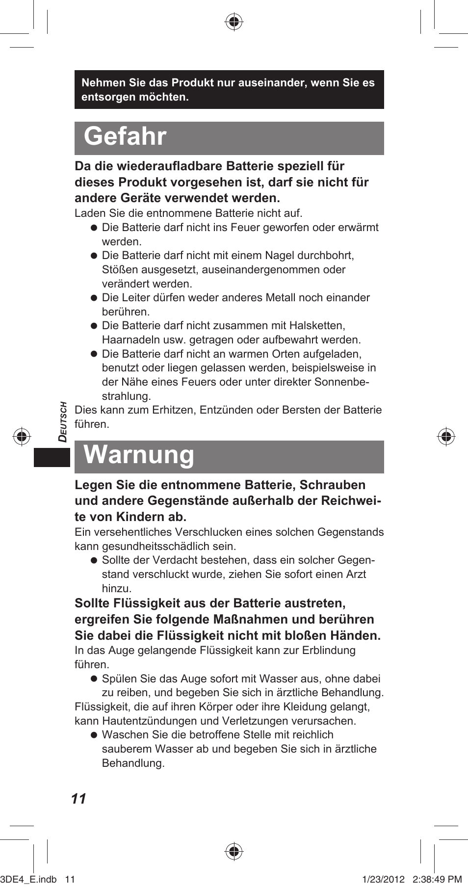 Gefahr, Warnung | Panasonic TYER3D4SE User Manual | Page 74 / 248