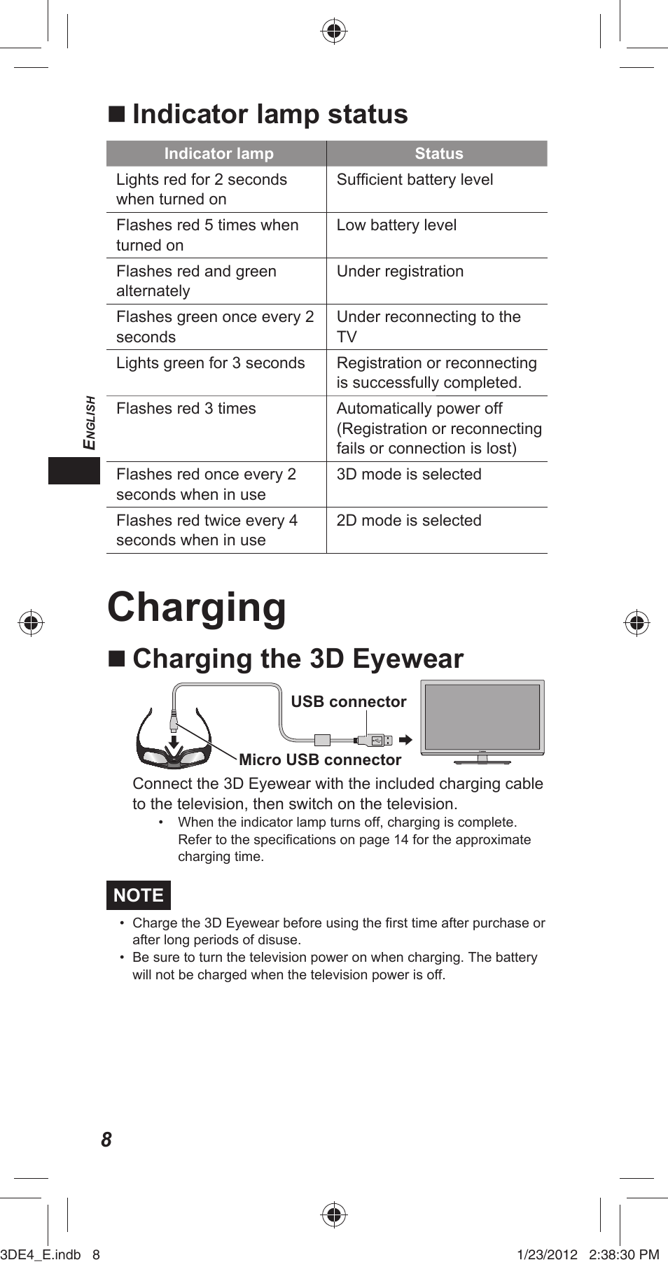 Charging, Indicator lamp status, Charging the 3d eyewear | Panasonic TYER3D4SE User Manual | Page 8 / 248