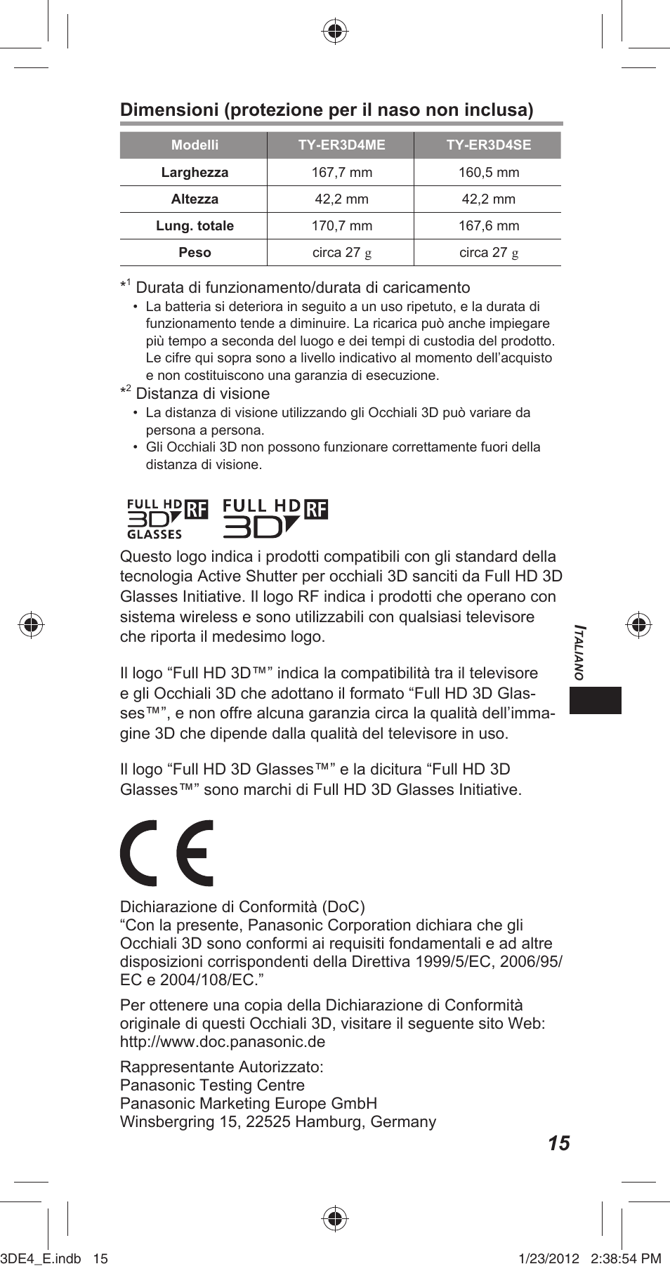 Dimensioni (protezione per il naso non inclusa) | Panasonic TYER3D4SE User Manual | Page 95 / 248