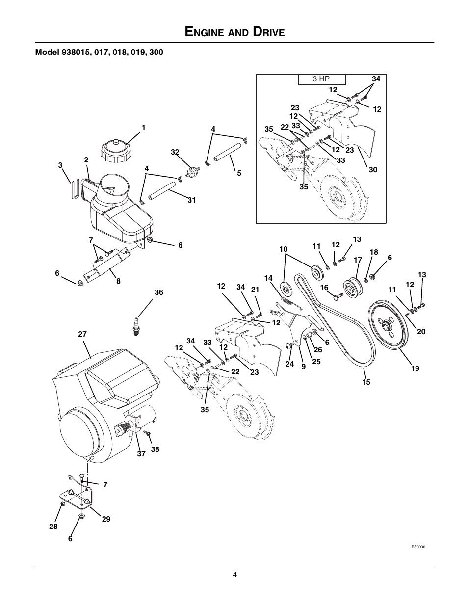 Engine and drive | Ariens SNO-THRO 938300 - 522 User Manual | Page 4 / 12
