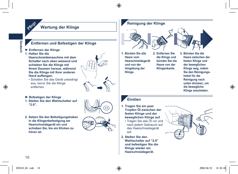 Pfl ege, Wartung der klinge | Panasonic ER1610 User Manual | Page 10 / 100