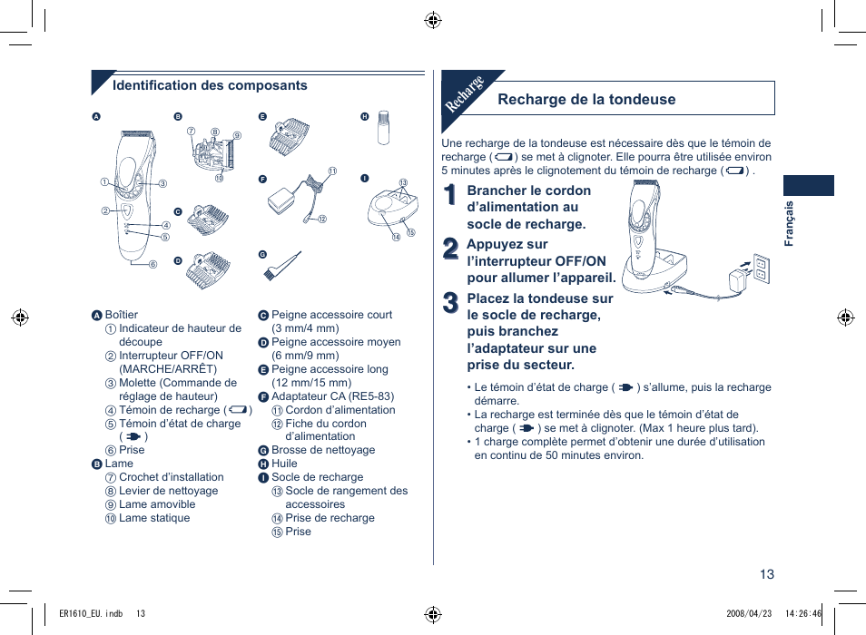 Recharge | Panasonic ER1610 User Manual | Page 13 / 100