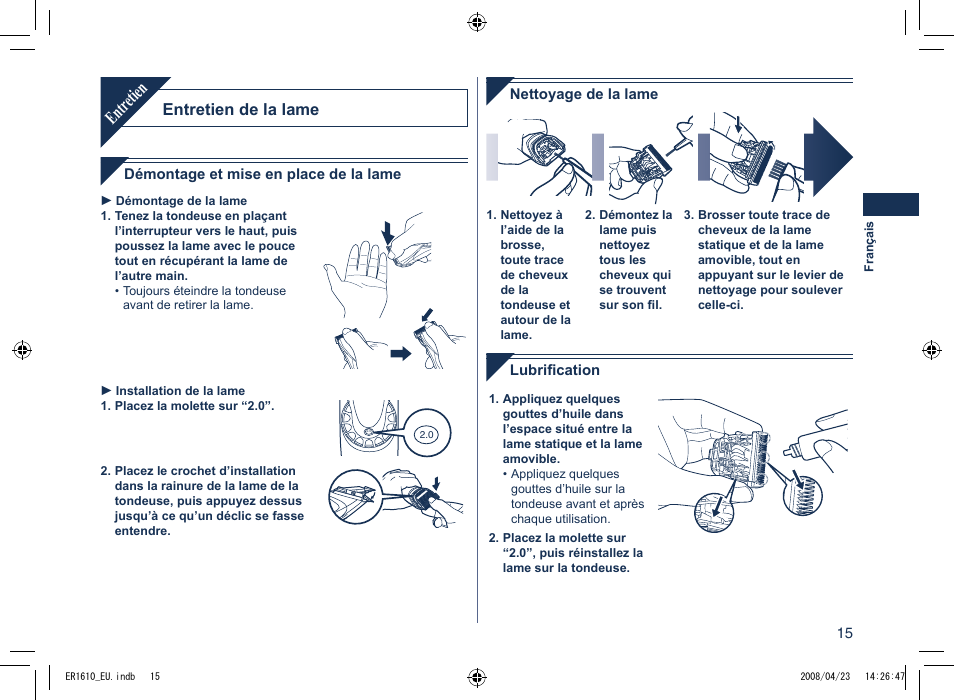 Entr etien, Entretien de la lame | Panasonic ER1610 User Manual | Page 15 / 100