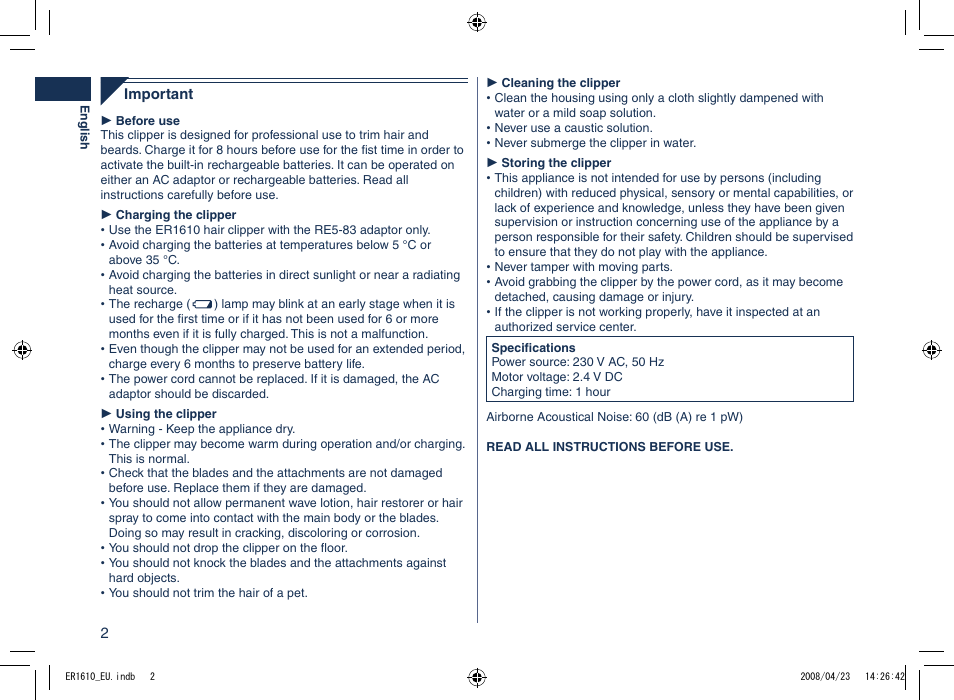 Panasonic ER1610 User Manual | Page 2 / 100