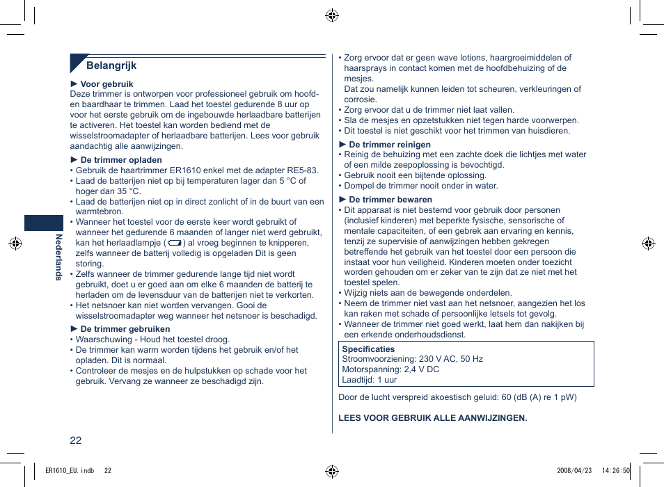 Panasonic ER1610 User Manual | Page 22 / 100