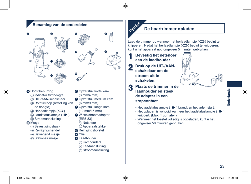 Opladen | Panasonic ER1610 User Manual | Page 23 / 100