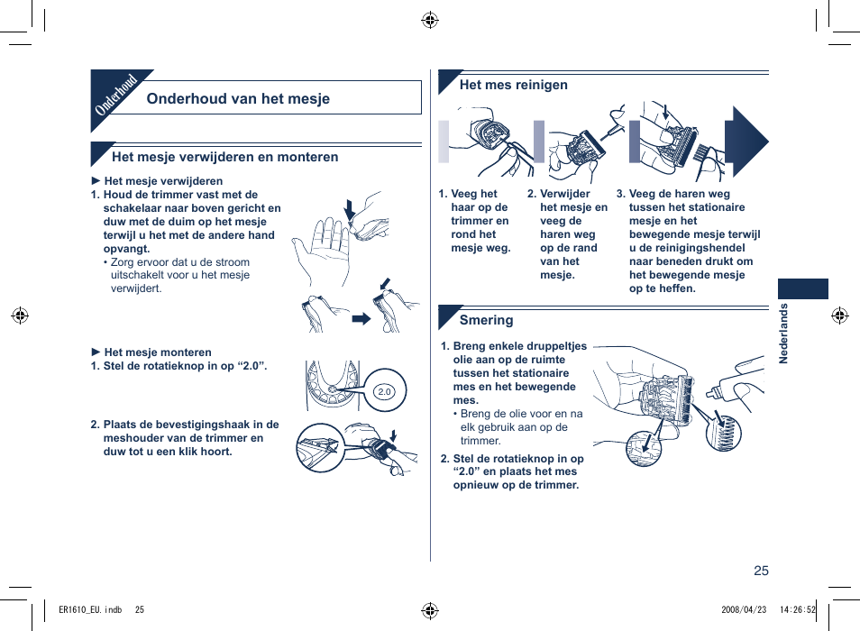 Onderhoud, Onderhoud van het mesje | Panasonic ER1610 User Manual | Page 25 / 100