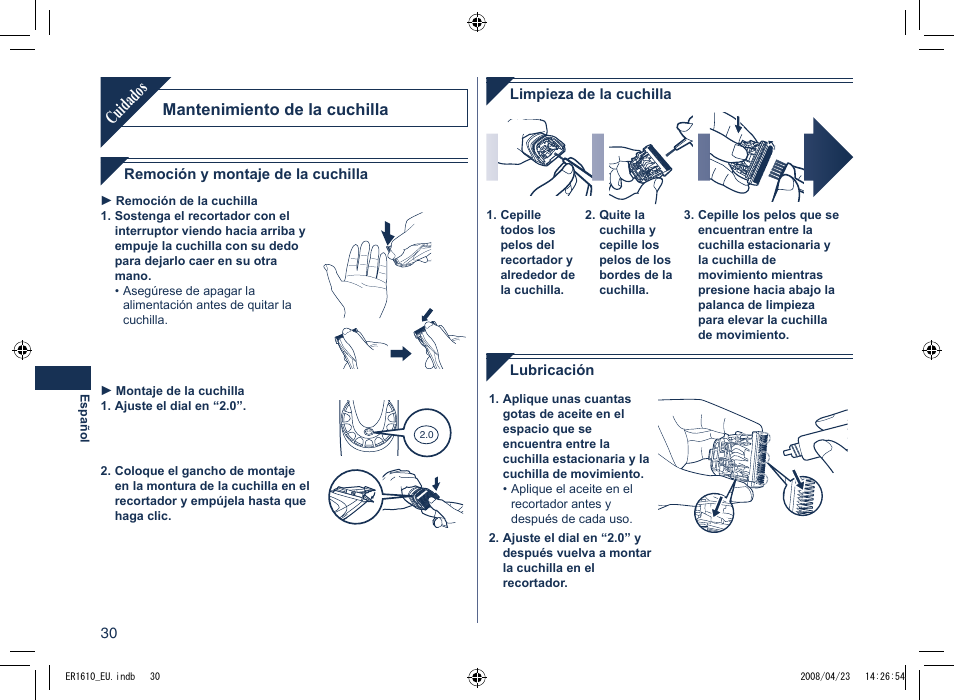Cuidados, Mantenimiento de la cuchilla | Panasonic ER1610 User Manual | Page 30 / 100