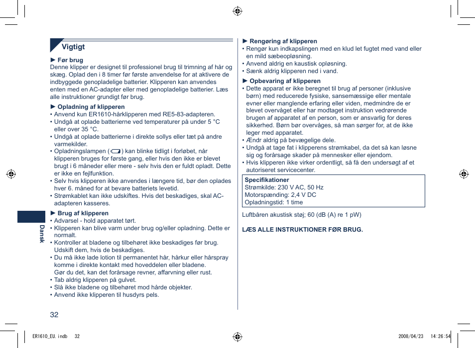 Panasonic ER1610 User Manual | Page 32 / 100