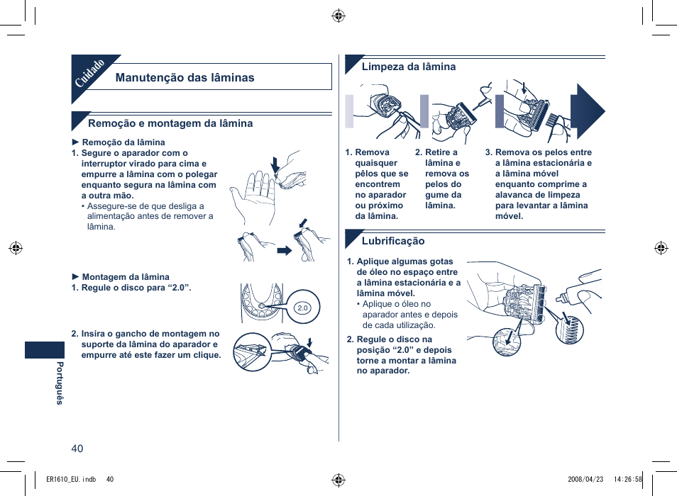 Cuidado, Manutenção das lâminas | Panasonic ER1610 User Manual | Page 40 / 100