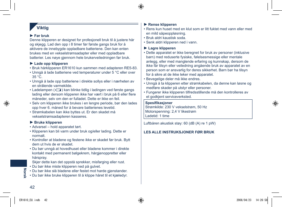 Panasonic ER1610 User Manual | Page 42 / 100