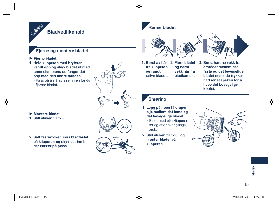 Vedlikehold, Bladvedlikehold | Panasonic ER1610 User Manual | Page 45 / 100