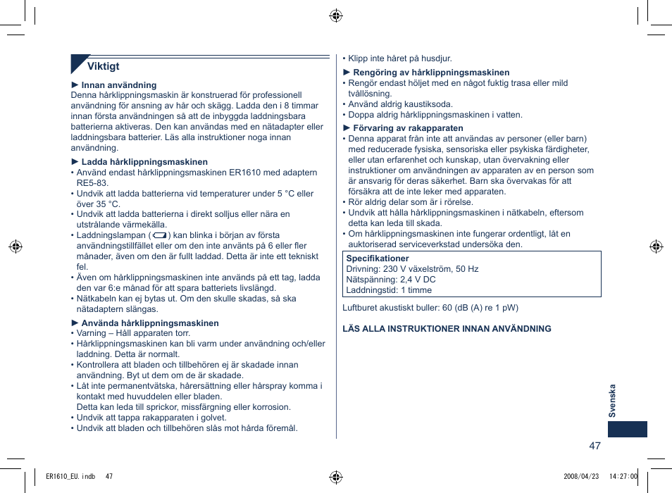 Panasonic ER1610 User Manual | Page 47 / 100