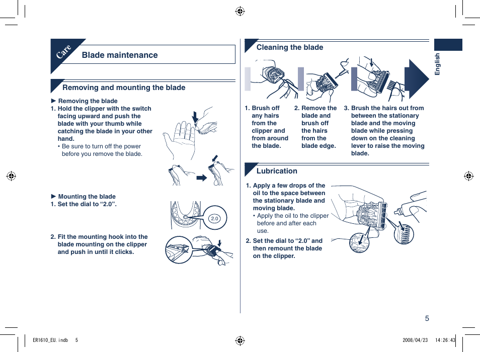 Car e, Blade maintenance | Panasonic ER1610 User Manual | Page 5 / 100