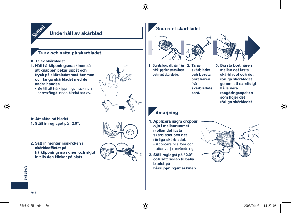 Skötsel, Underhåll av skärblad | Panasonic ER1610 User Manual | Page 50 / 100
