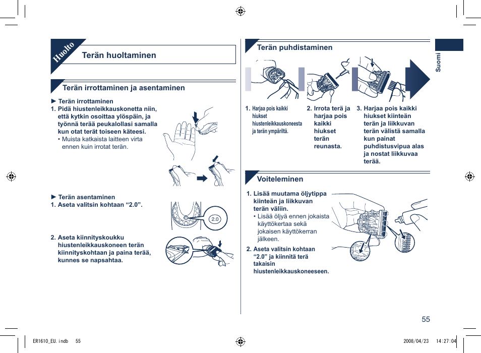Huolto, Terän huoltaminen | Panasonic ER1610 User Manual | Page 55 / 100