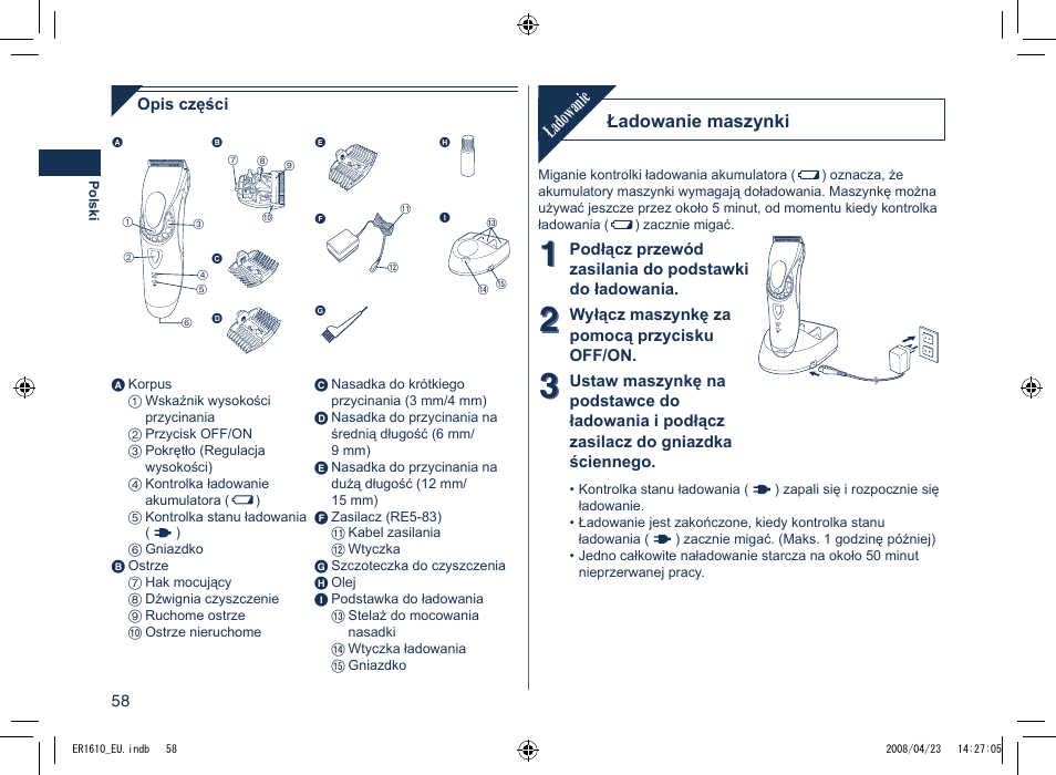 Ładowanie | Panasonic ER1610 User Manual | Page 58 / 100
