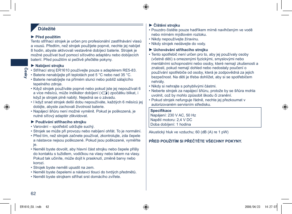 Panasonic ER1610 User Manual | Page 62 / 100