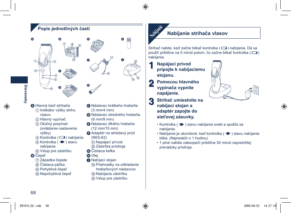 Nabíjanie | Panasonic ER1610 User Manual | Page 68 / 100