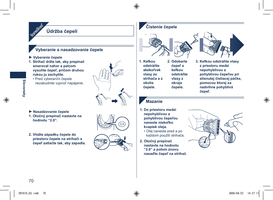 Star ostlivosť, Údržba čepelí | Panasonic ER1610 User Manual | Page 70 / 100