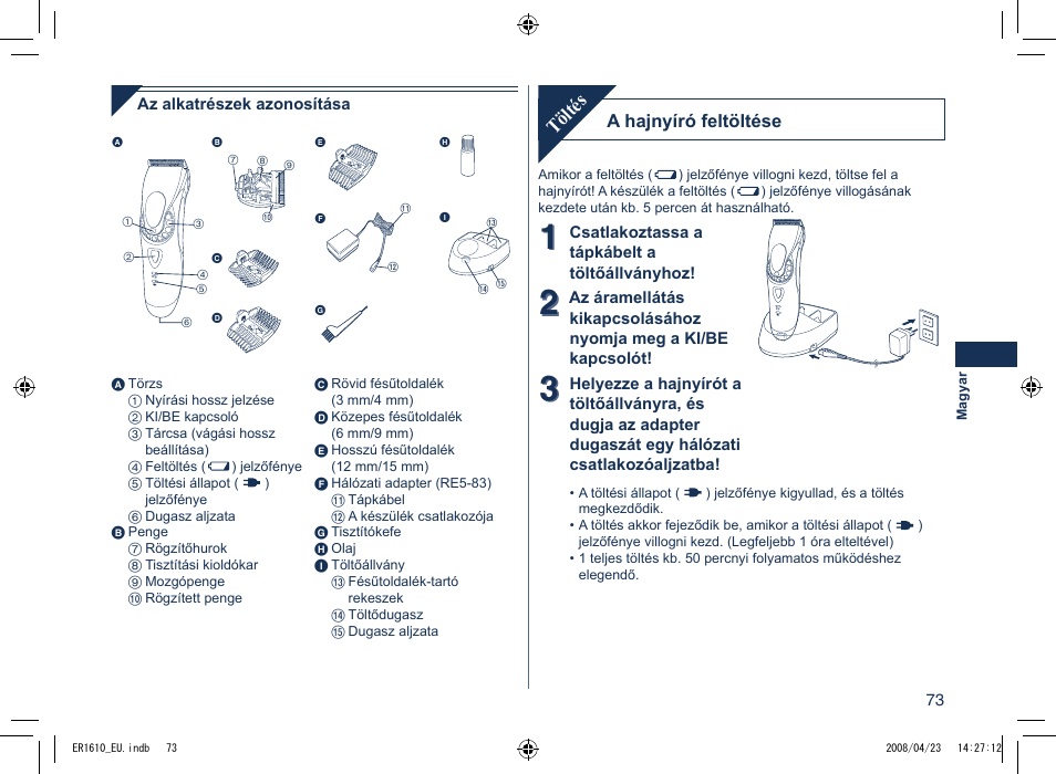 Töltés | Panasonic ER1610 User Manual | Page 73 / 100
