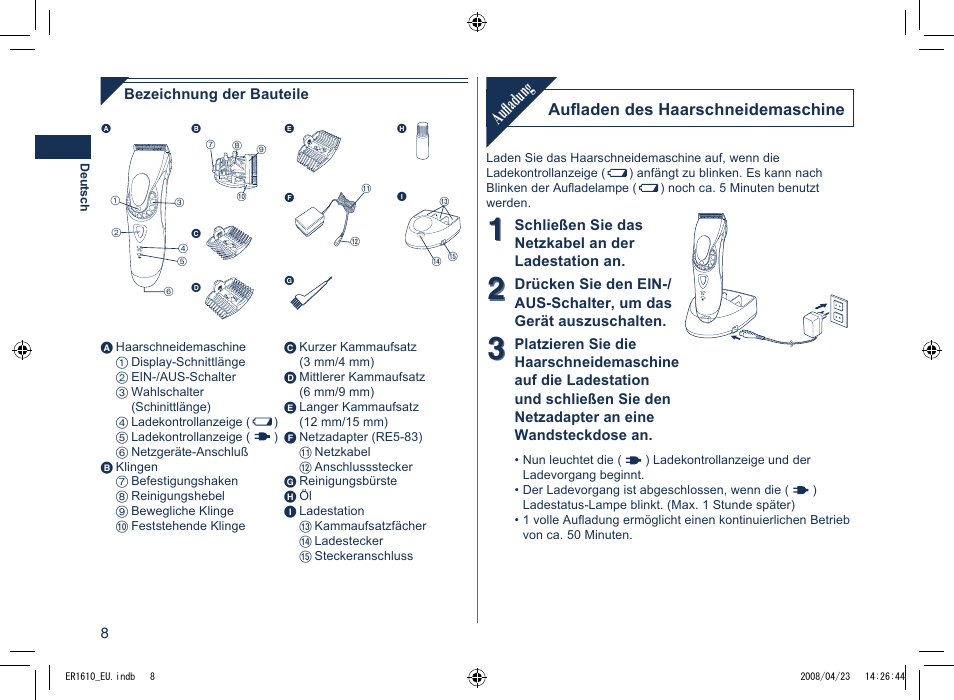 Aufl adu ng | Panasonic ER1610 User Manual | Page 8 / 100