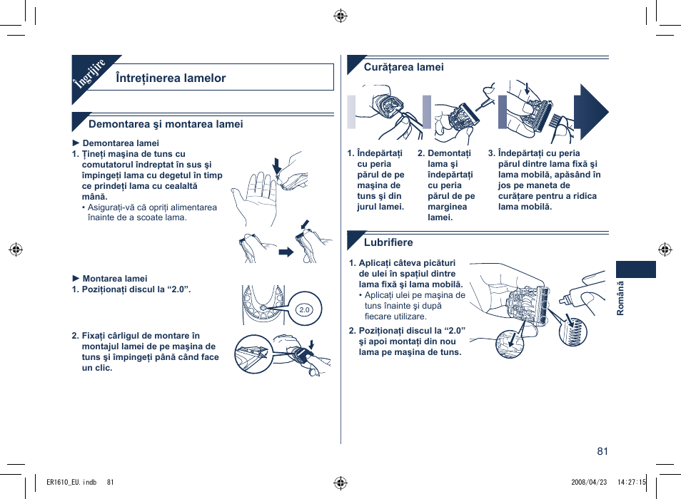 Îngrijir e, Întreţinerea lamelor | Panasonic ER1610 User Manual | Page 81 / 100